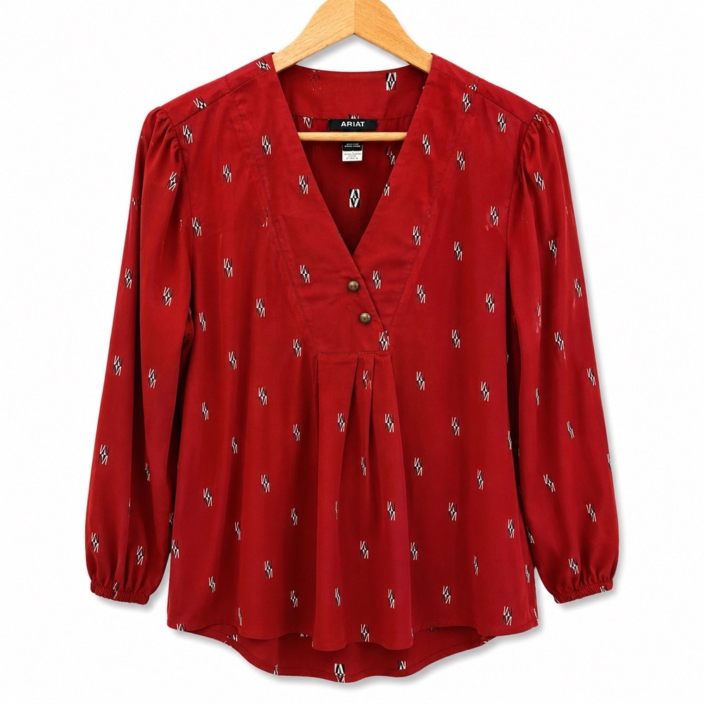Ariat Chimayo Collection Red Peasant Top 3/4 Sleeve Blouse Aztec Womens M Cotton